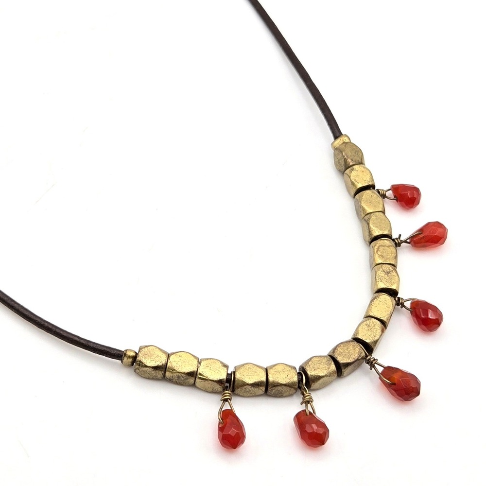 Fossil Necklace Brown Leather Cord Brass Beads‎ Teardrop Charms Key Lock Logo